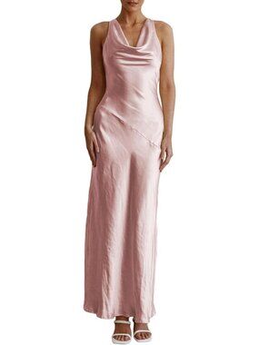 Women's Pink Cowl Neck Summer Satin Backless Sleeveless Elegant Maxi Dress